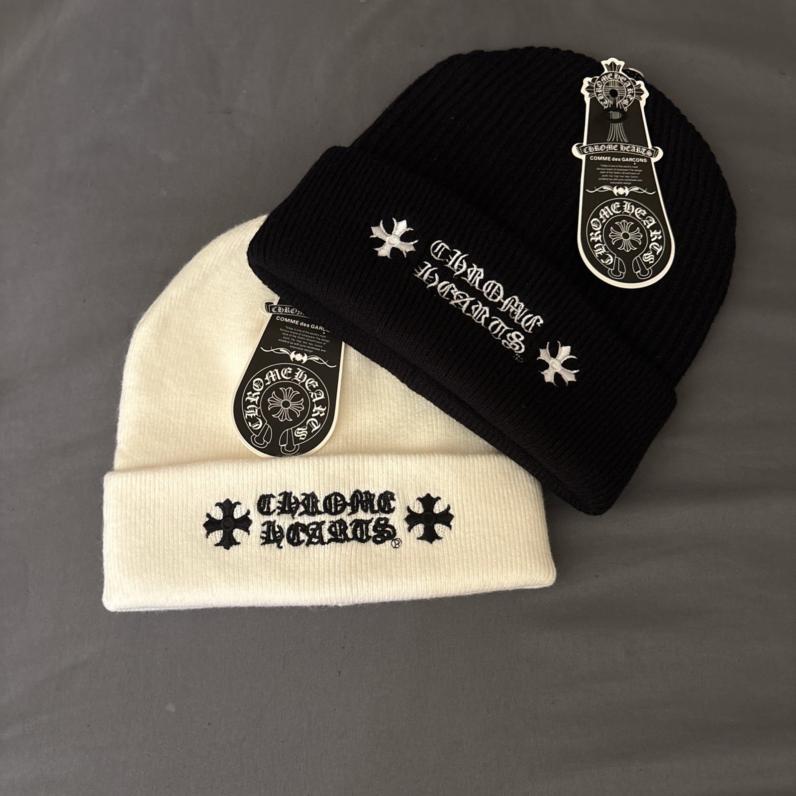Designer White Knit Beanie with Black Logo
