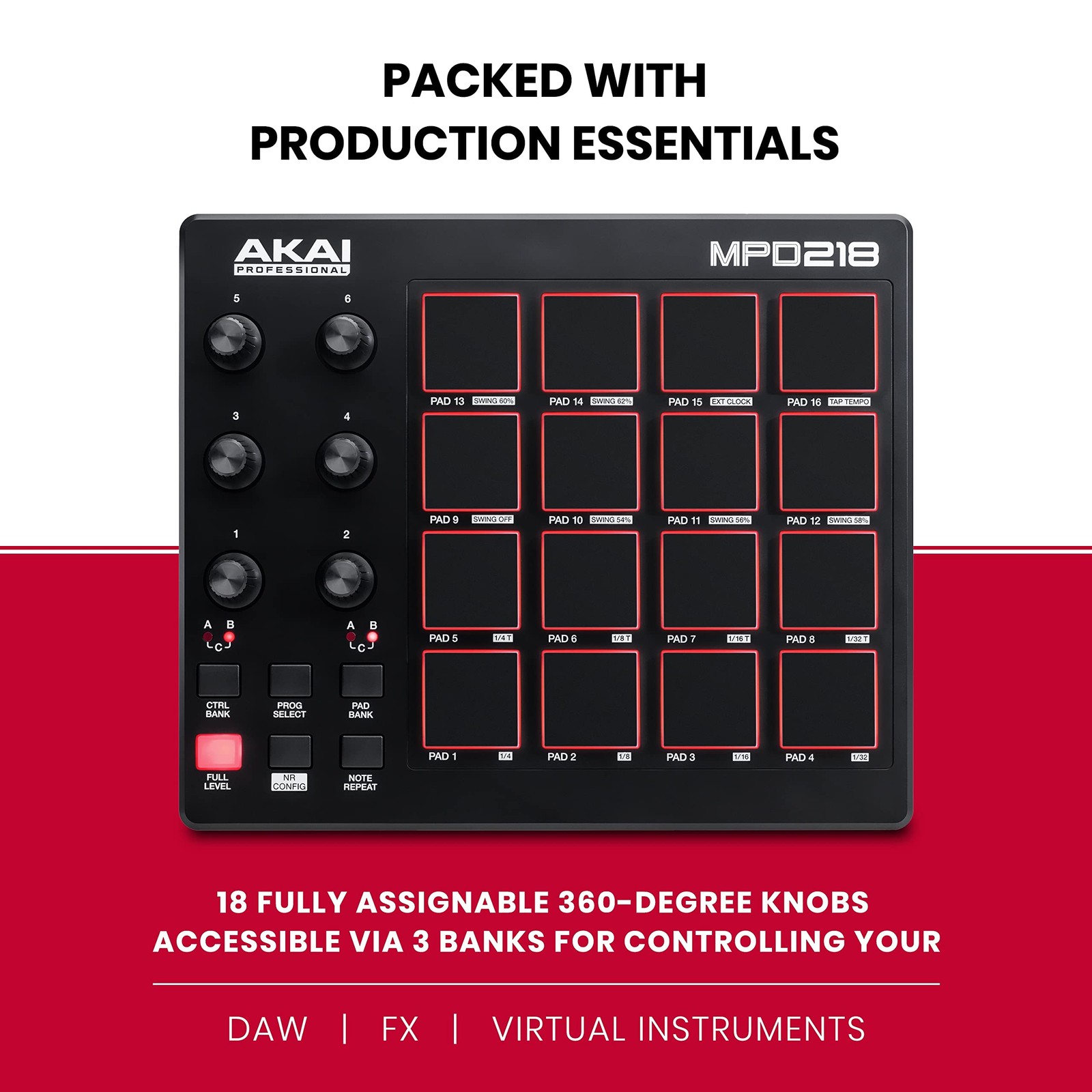 Akai MPD218 USB MIDI Drum Pad Controller, 16 Pads, 6 Knobs
