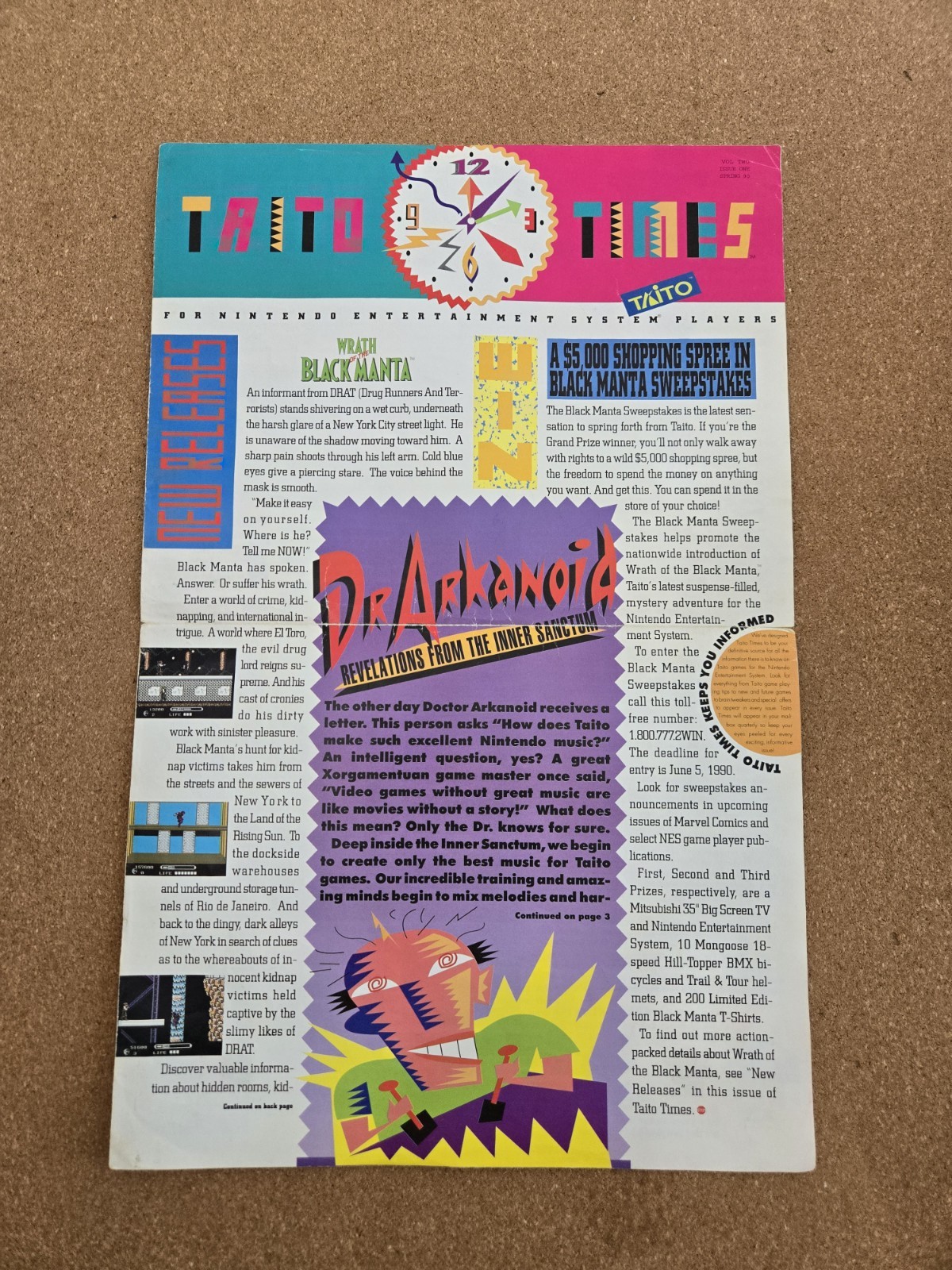 Taito Times Vol. Two Issue One Spring 90 Nintendo NES Video Game Newsletter 1990