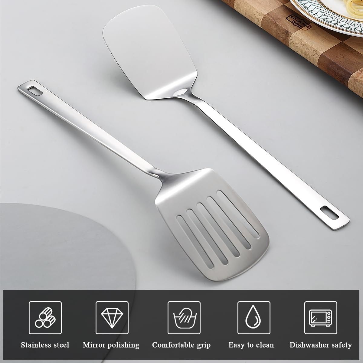 Kyraton Stainless Steel Spatulas Set, Silver Slotted Turner, Solid