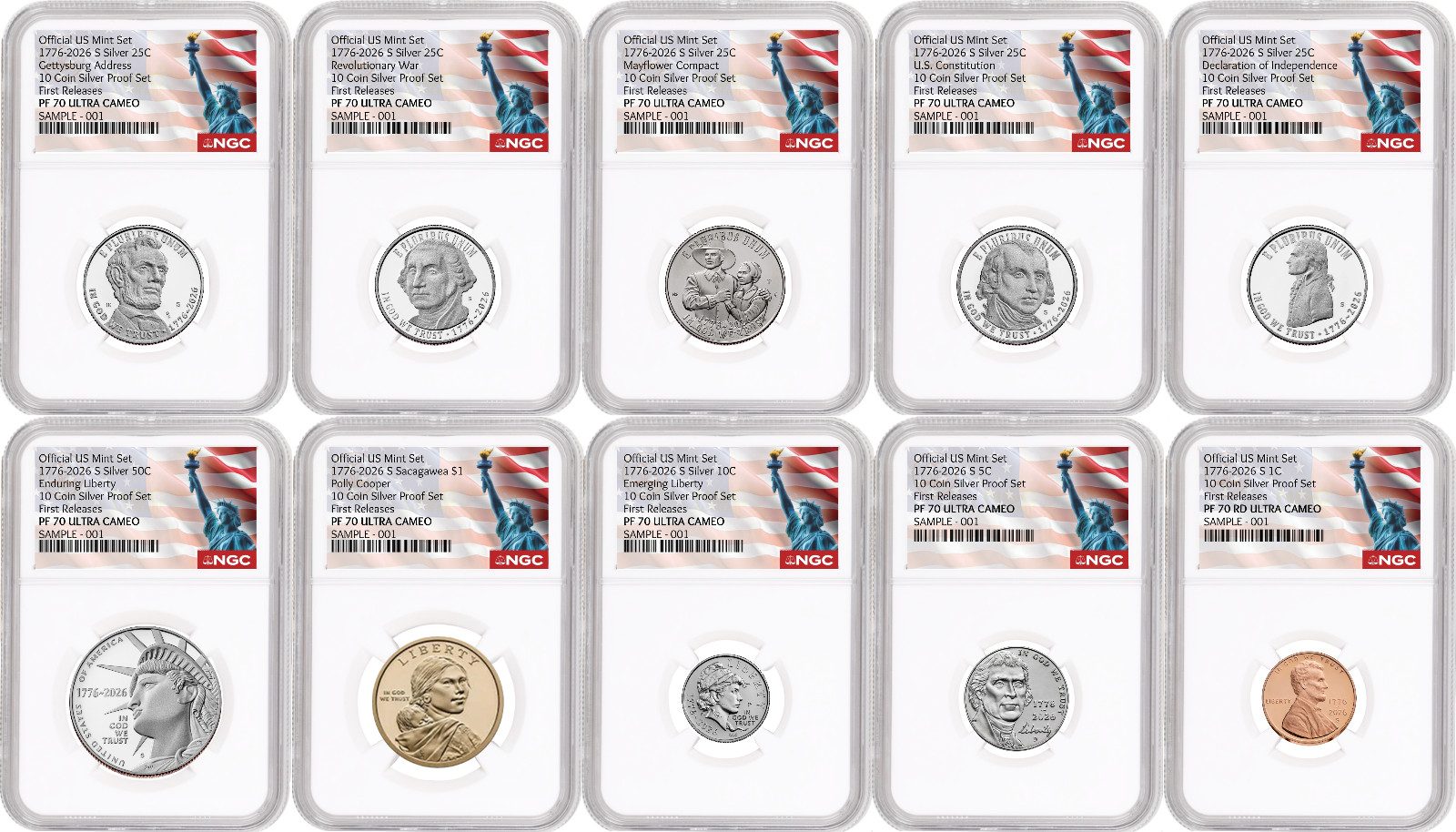 1776-2026 US Mint Complete 10 Coin Silver Proof Set, NGC PF70 FR, SOL Presale