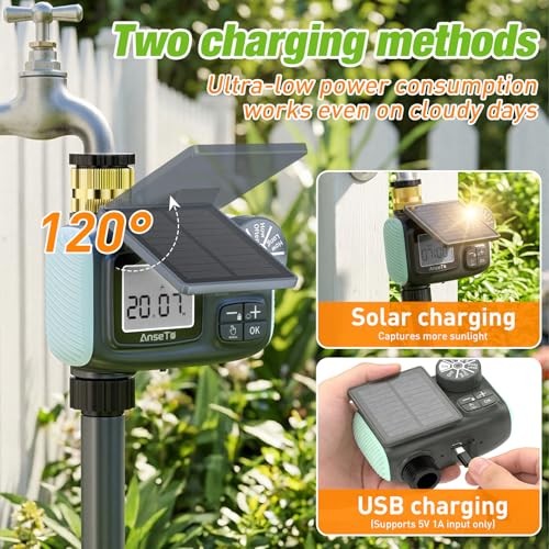 Solar Sprinkler Timer, Solar & Type-C Rechargeable Water Timer for Garden