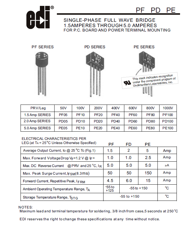 Bridge , PE-10 , EDI, Single Phase FULL WAVE, 100V , 5A