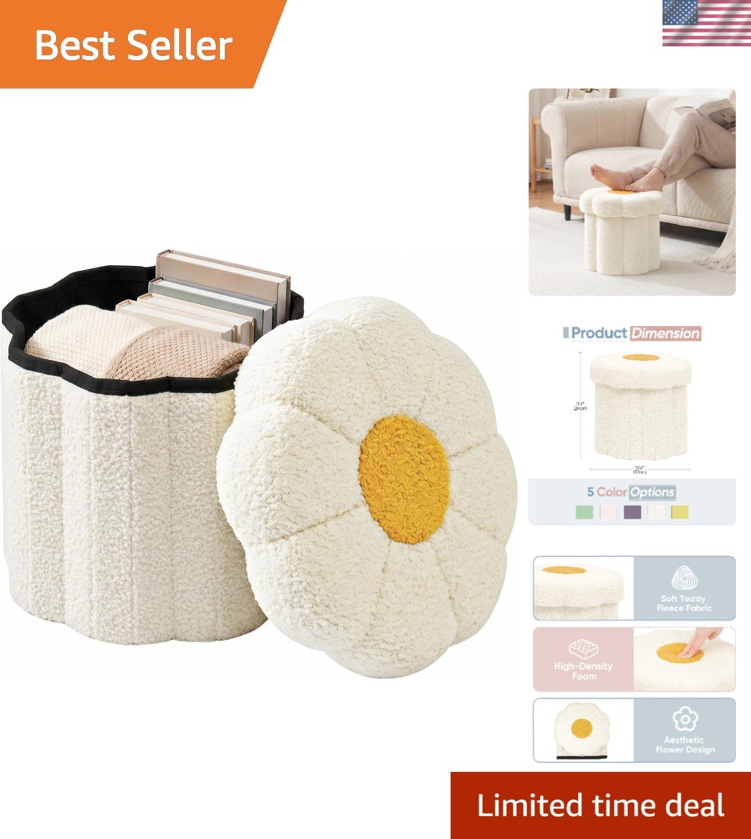 12.6 Inches Flower Storage Ottoman, Small Folding Footstool | Boucle Fabric, ...