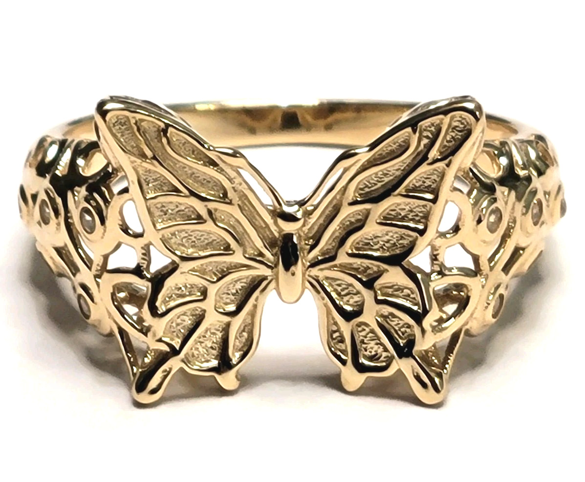 Real 14k Yellow Gold Cz Butterfly Ring Band Ladies Woman Teen Gift Monarch Wings