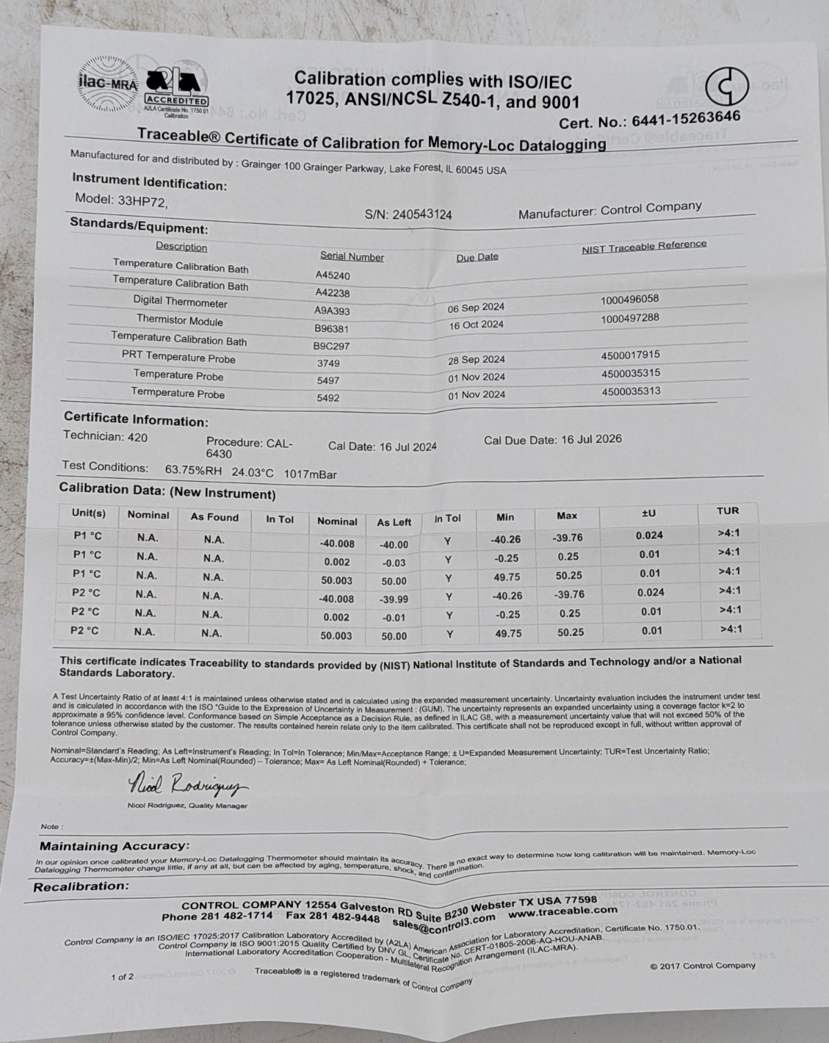 Control Co Traceable Memory-Loc 2 Channel Datalogging Thermometer - 6441 33HP72