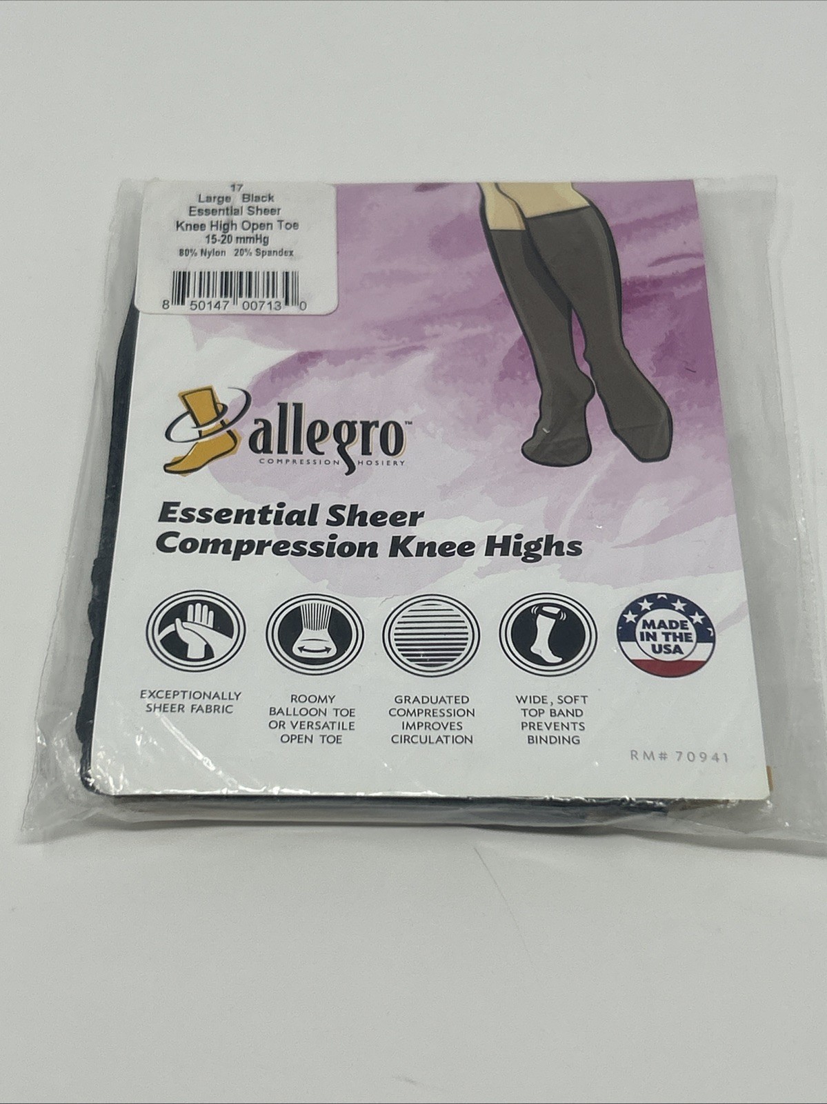 NEW Allegro Essential Sheer Compression Knee Highs Large Black Open Toe USA