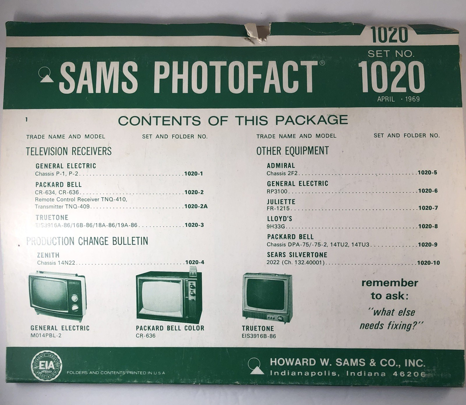 SAMS PHOTOFACT FOLDER SET NO. 1020, 1969, SCHEMATICS & SERVICE MANUALS