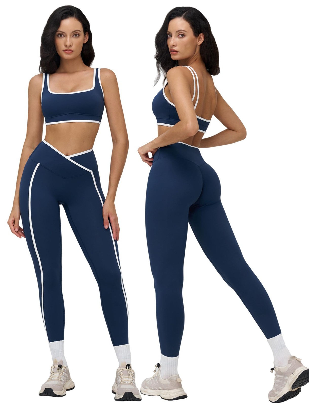 2 Piece Workout Sets for Women Spaghetti Straps Color Block Crop Tank Sports ...