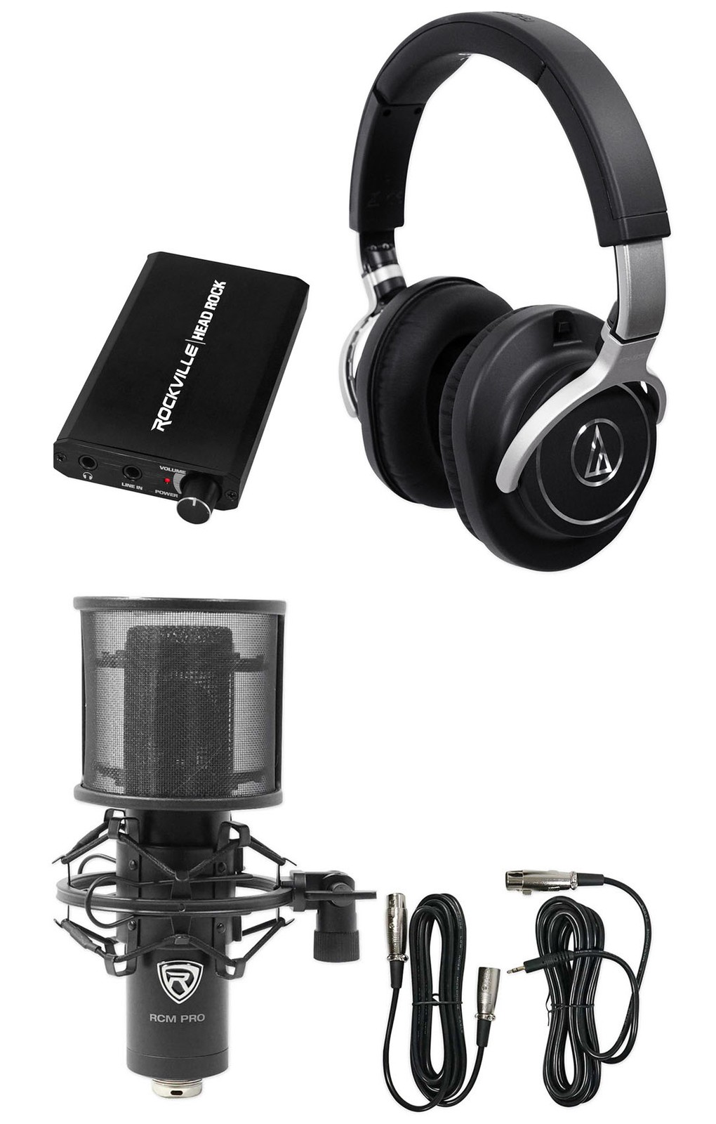 Audio Technica ATH-M70x Monitor Headphones+Headphone Amp+Studio Mic+Cables