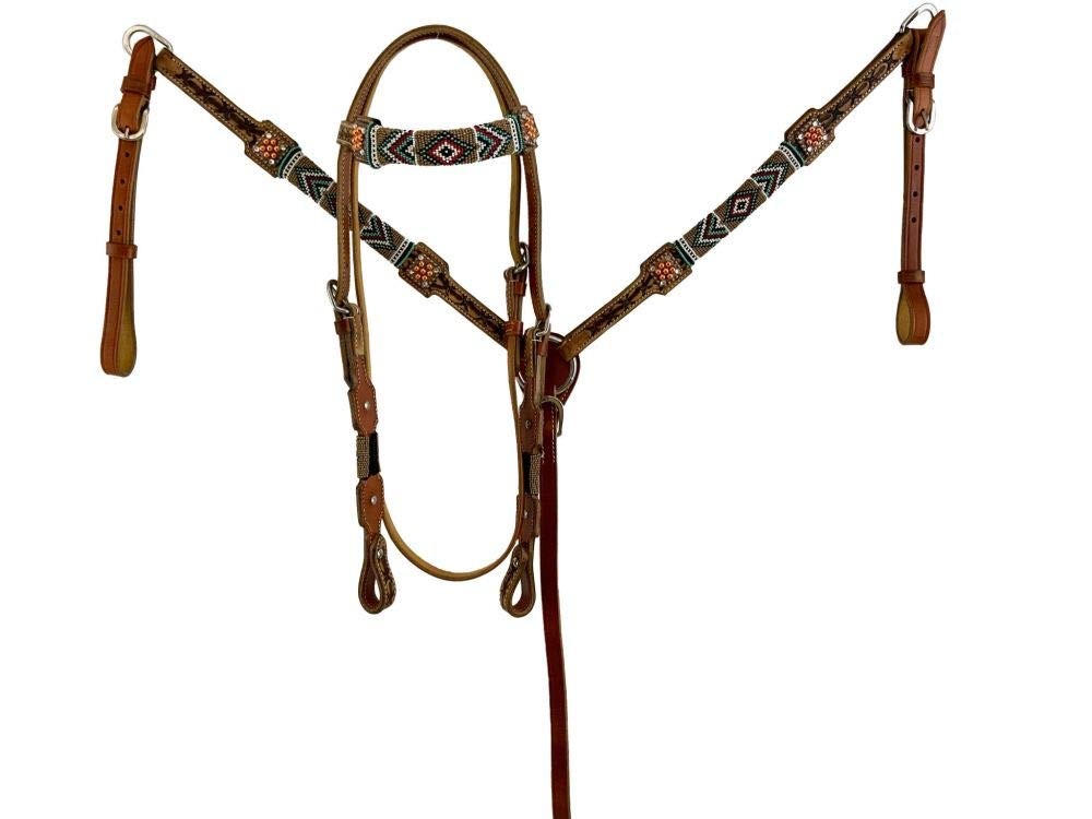 Showman Leather Browband Headstall & Breast Collar Set w/Beaded Southwest Design