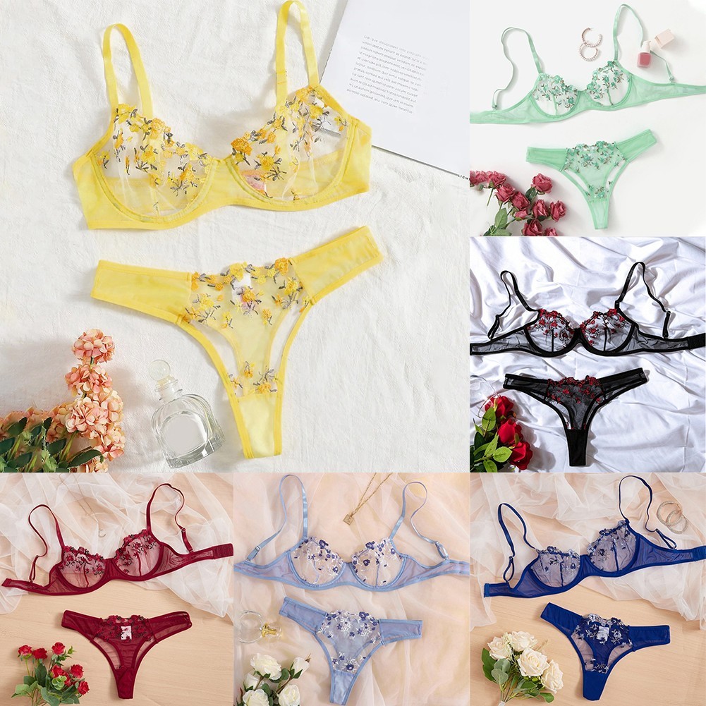 Green Lace See Through Lingerie Set Women Sexy Underwear Bra Embroidery