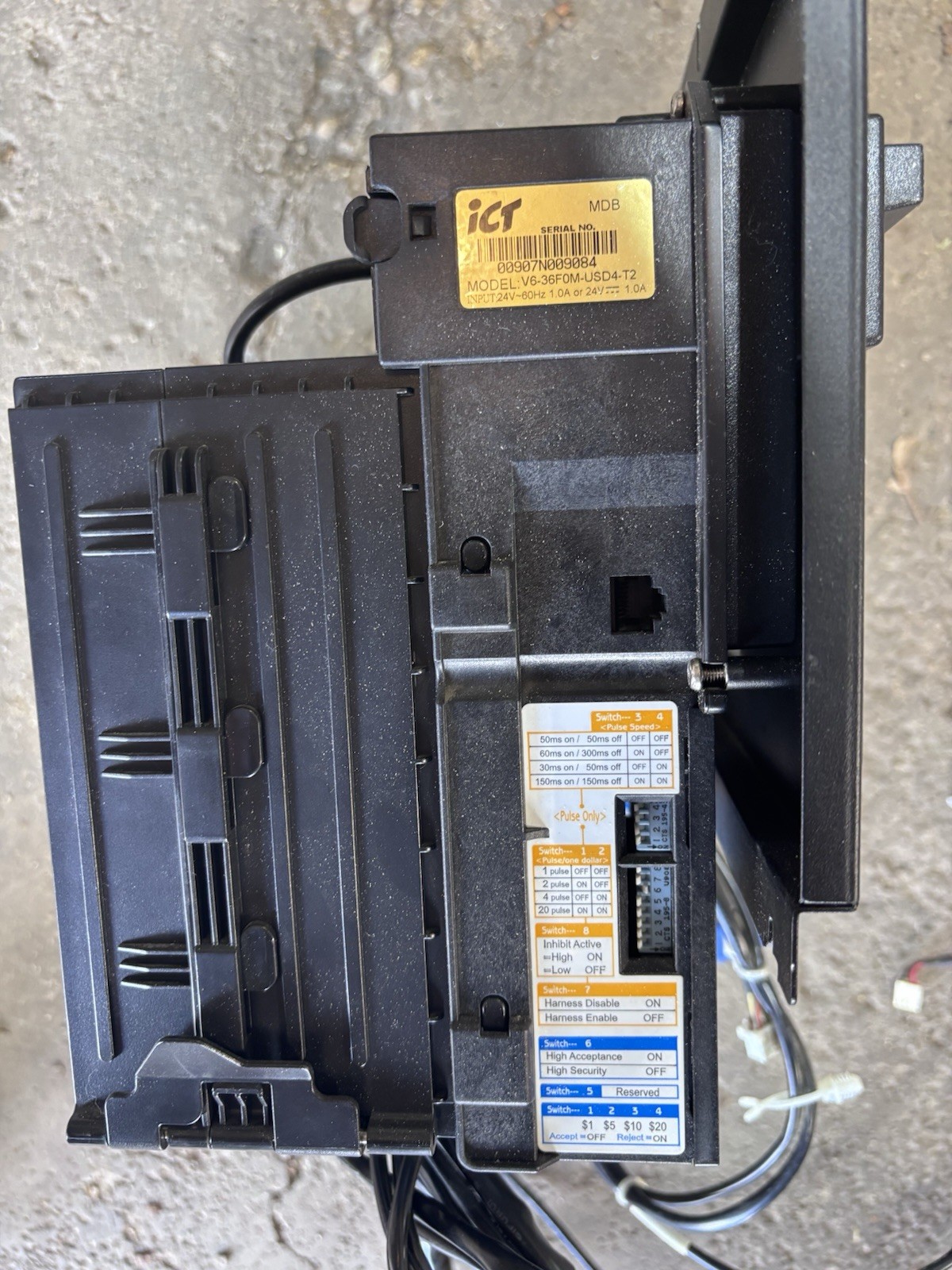 Twin Dollar Bill Acceptor/validator. ICT Model V6-36F0M-USD4-T2. Accepts $1-$20