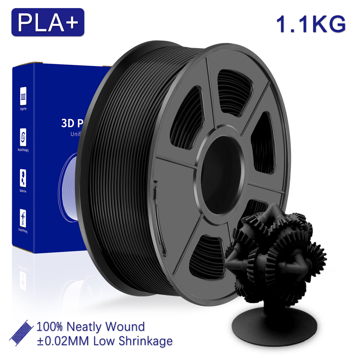 JAYO 1.1KG PLA+ Black 3D Printer Filament 1.75mm Warping Free Better Adhesion