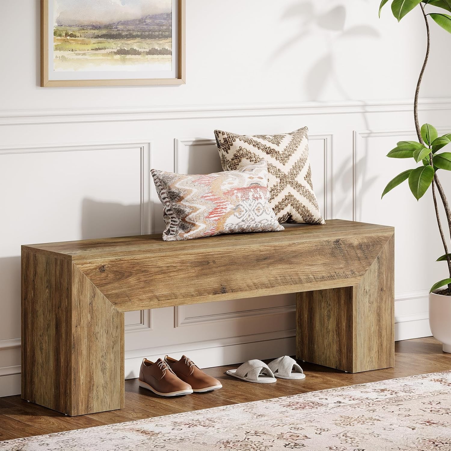 47'' Wooden Entryway Bench, Farmhouse Entry Bench Seat Indoor End of Bed Bench