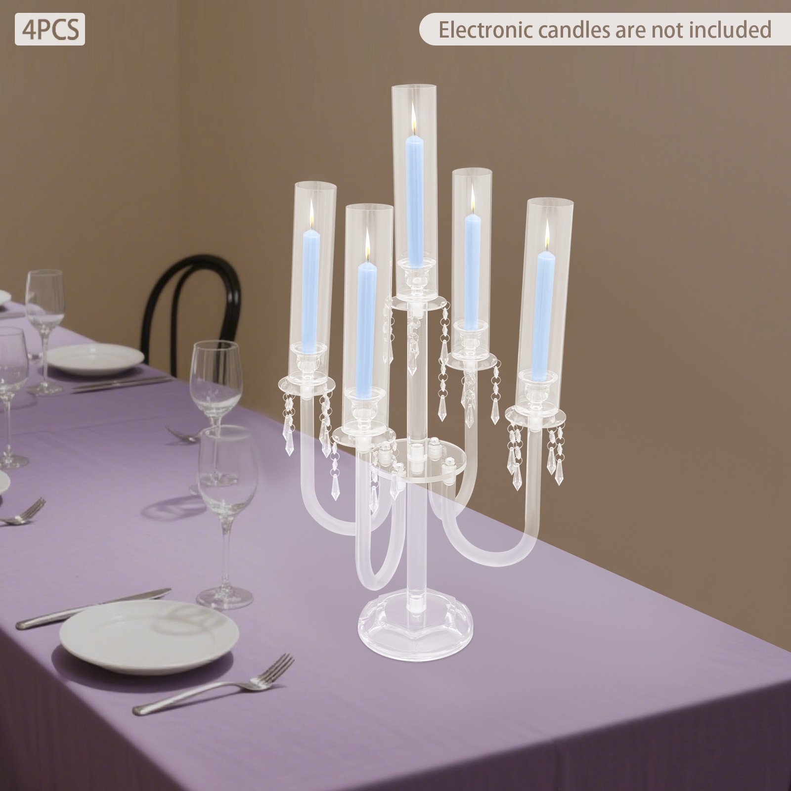 4PCS 5-Arm Candle Holders, 70cm Acrylic Candle Holders, Tabletop Candle Holders