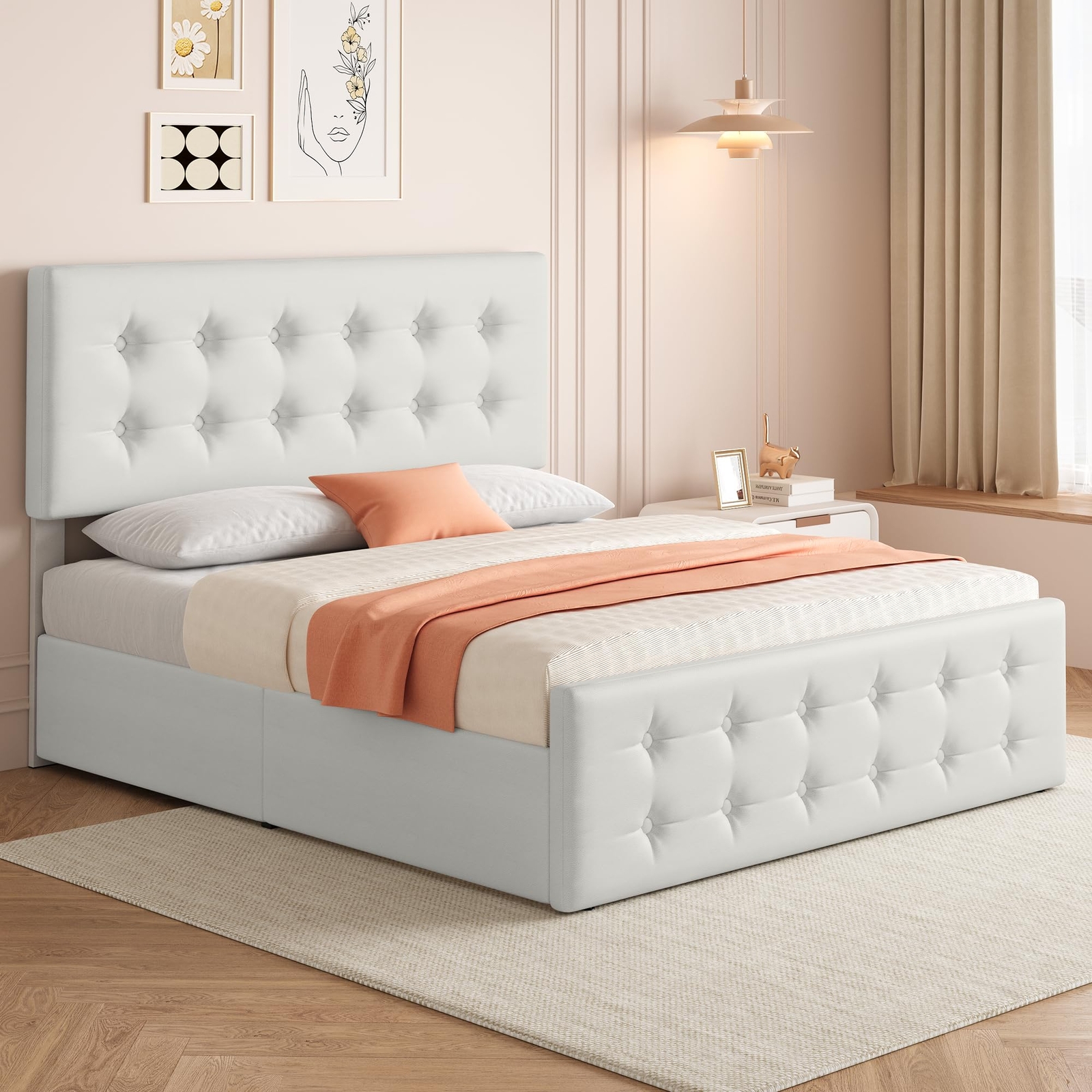 Full Size Bed Frame Linen Upholstered Platform Bed Frame with 4 Storage Drawers