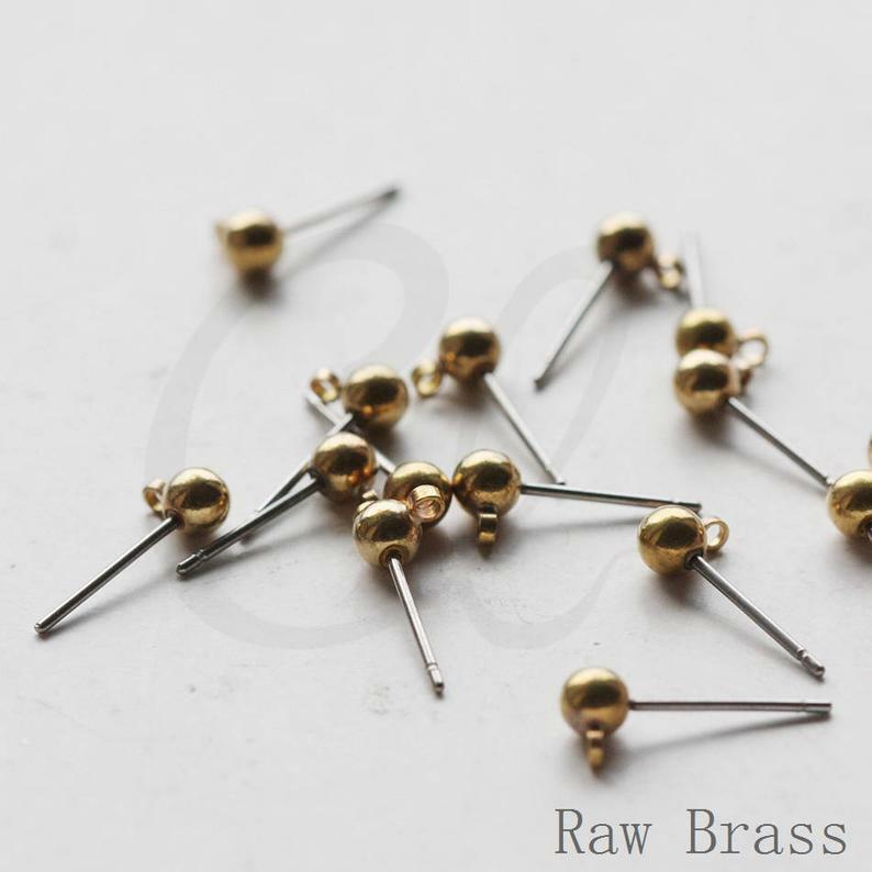 20 Pieces (10 Pairs) Raw Brass Earring Posts with 4mm Ball Size (3598C-V-246)