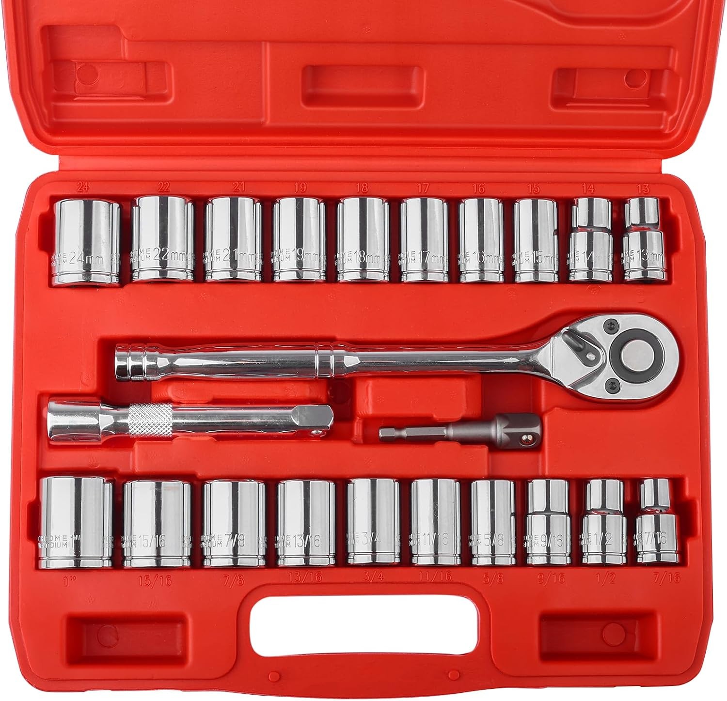 1/2" Drive Socket Set 23 Piece Standard SAE (7/16 to 1 inch) and Metric (13-19