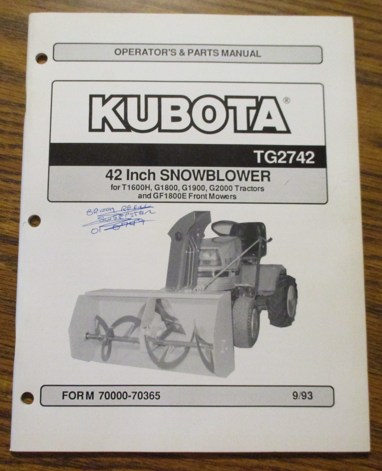 *Kubota TG2742  42" Snowblower Snowthrower Operators Owners & Parts Manual 1993