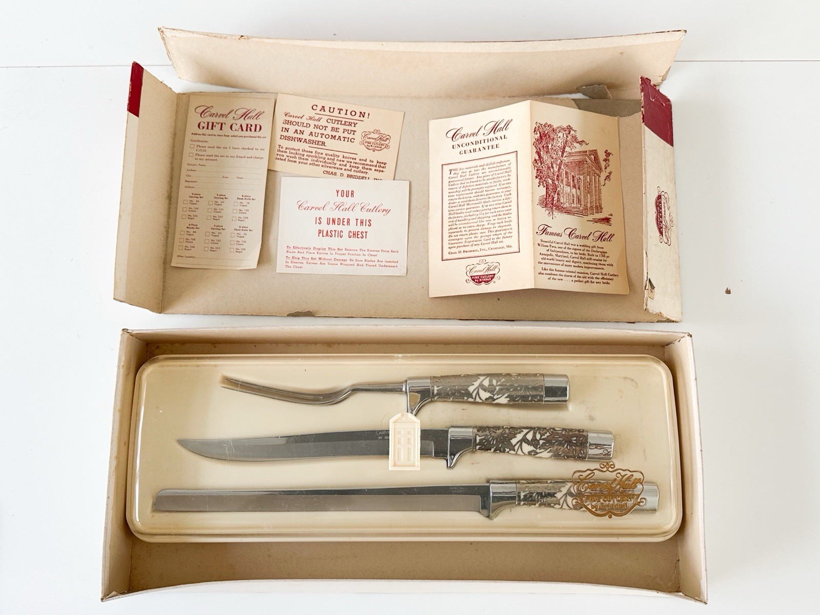 Vtg Carvel Hall by Briddell 3 Pc Carving Set Fine Cutlery Surgical Steel w/Case