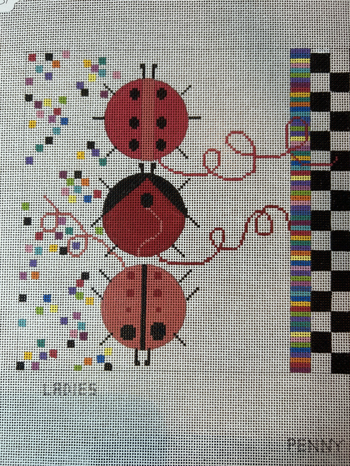 Penny Macleod LADIES - ladybugs hand painted needlepoint 18 mesh 7.25" x 7.5"