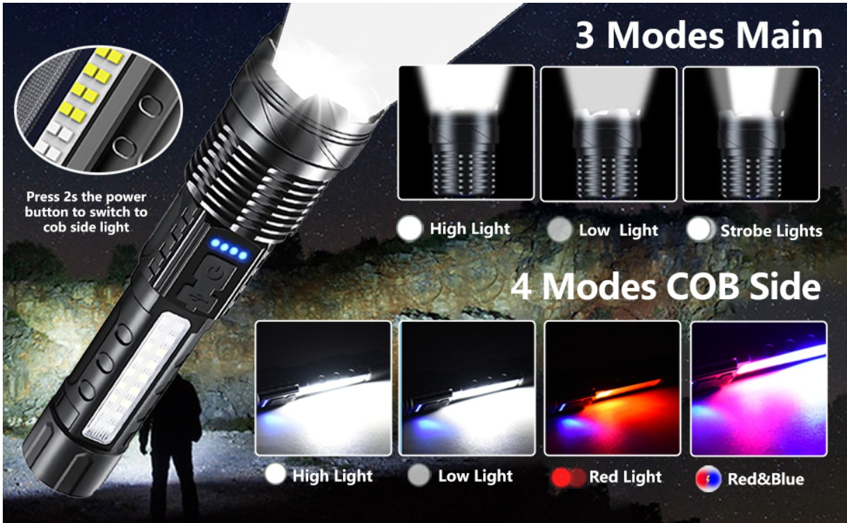 Rechargeable LED Flashlights, 90,000 Lumens Super Bright Handheld FlashLight-2PK