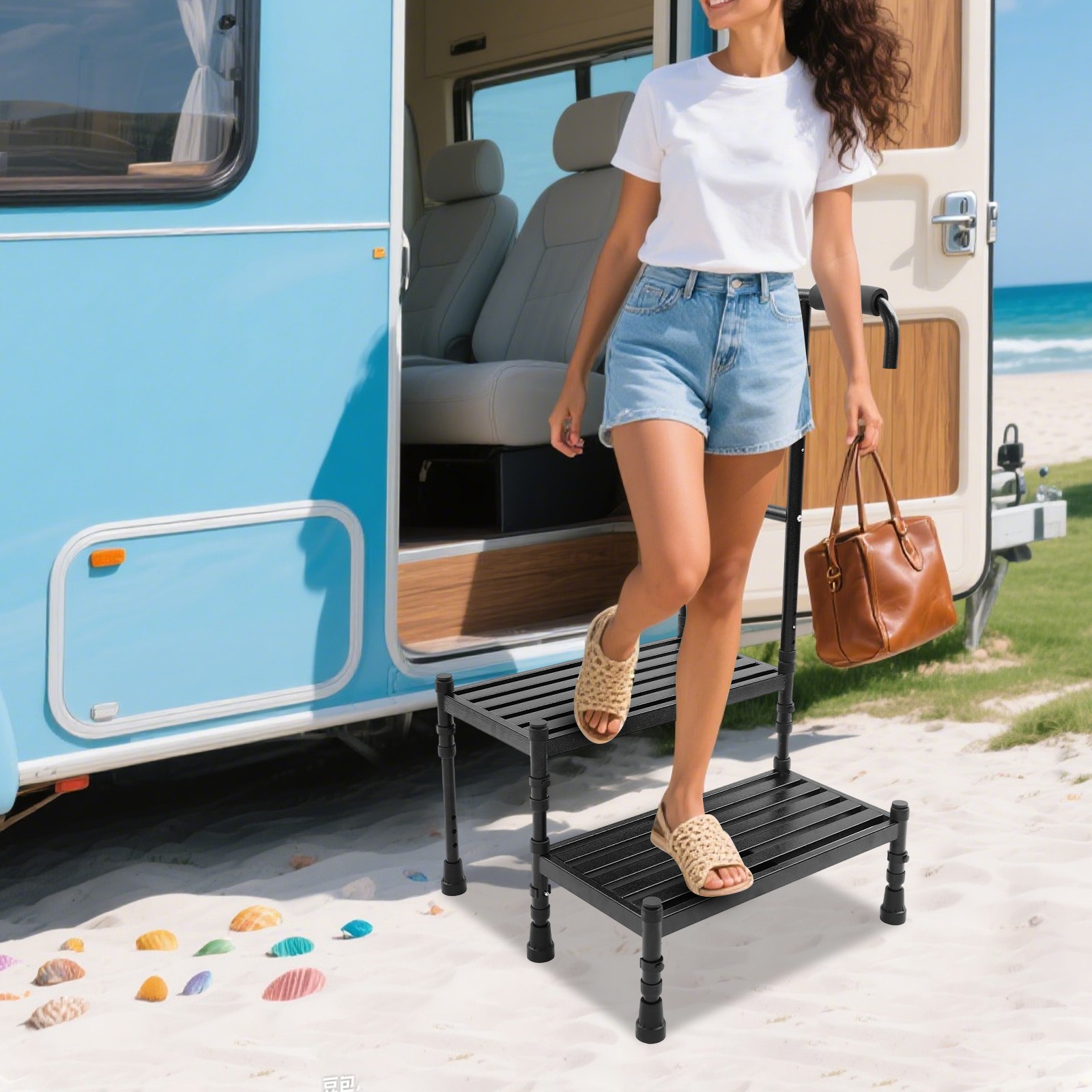 Adult Ramp with Handrail Metal Stepping Stool 2 Steps Stool with Handle