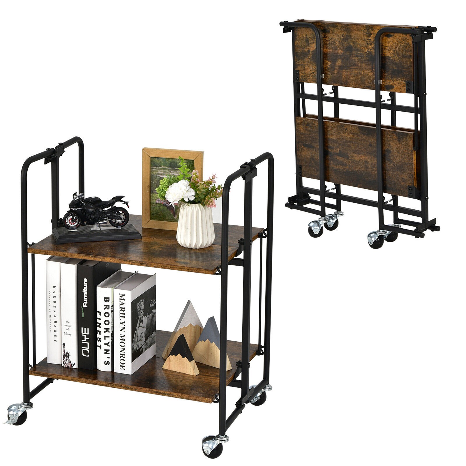 2-Tier Folding Bar Cart Kitchen Serving Island Utility Cart Storage Shelves