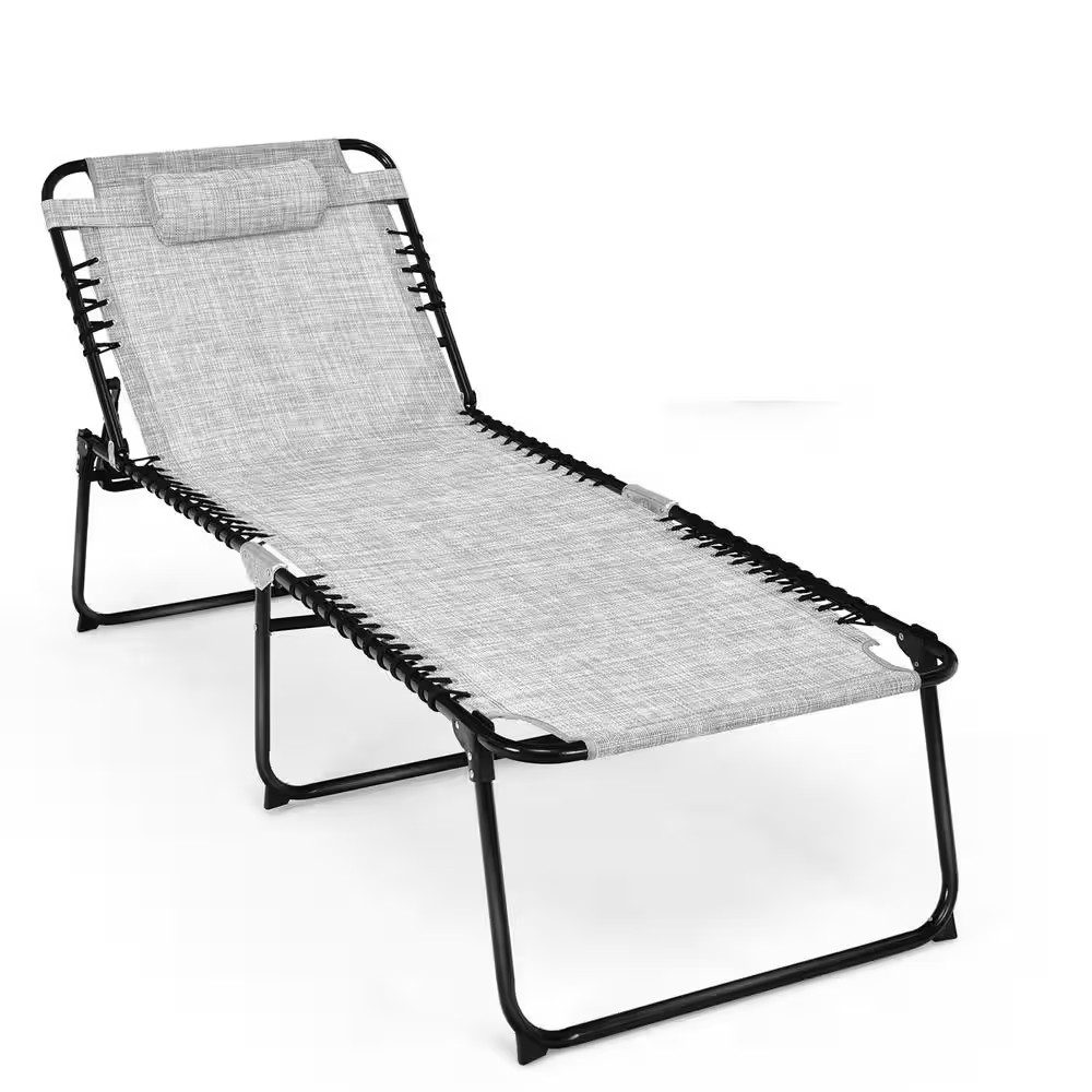 Grey Metal Fabric Folding Reclining Lounge Chaise 4-Position Backrest Portable B