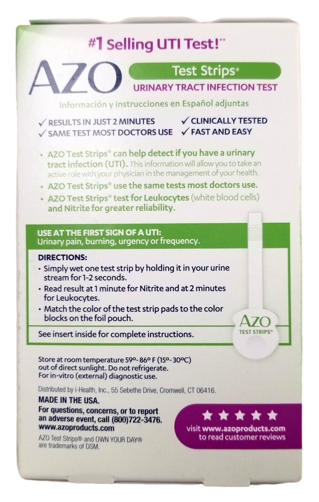 AZO UTI Home Test Urinary Tract Infection Test Strips 3 tests / box ^