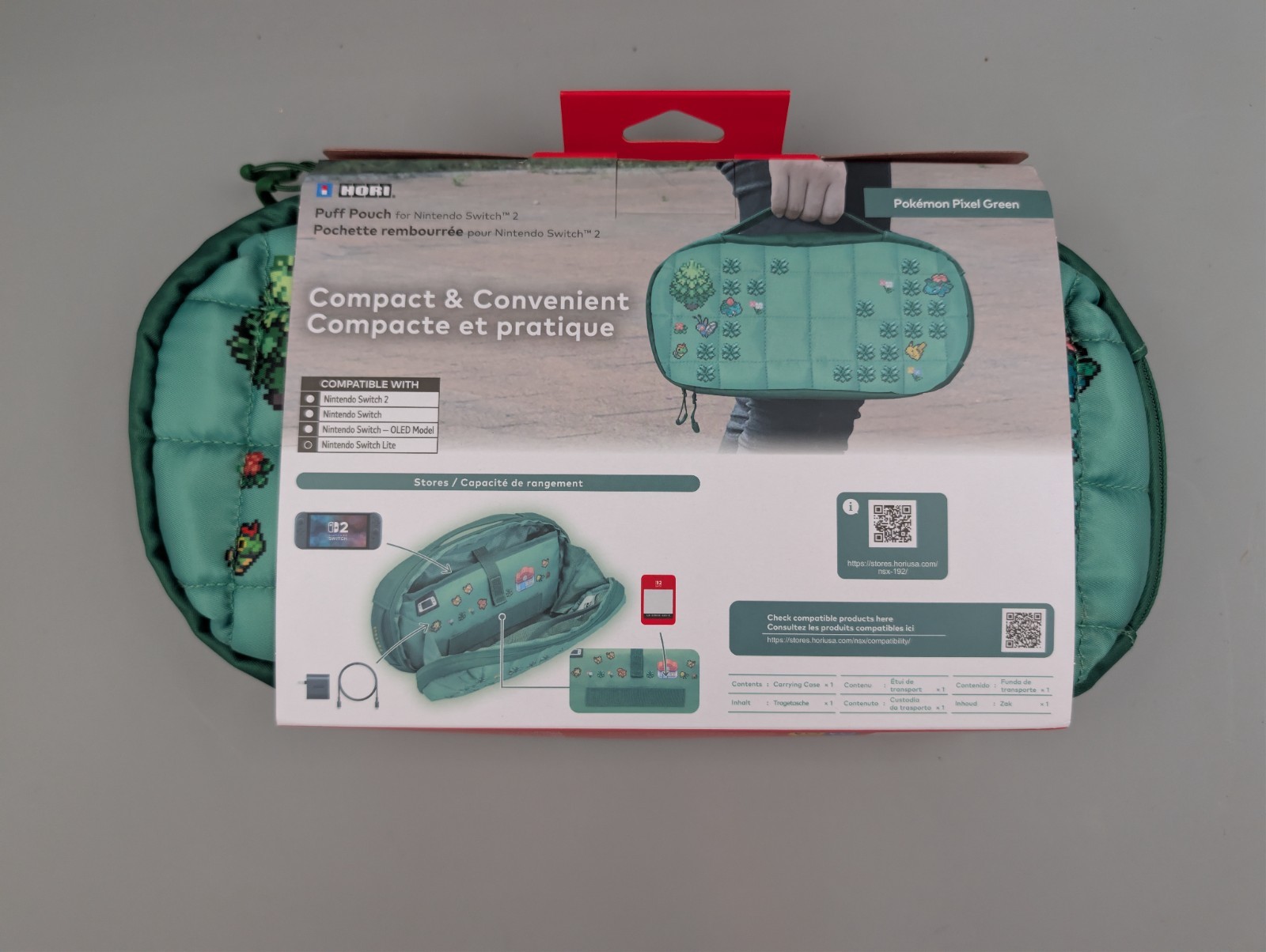 HORI Puff Pouch (Pokemon Pixel Green) for Nintendo Switch 2/OLED/Base Model Case
