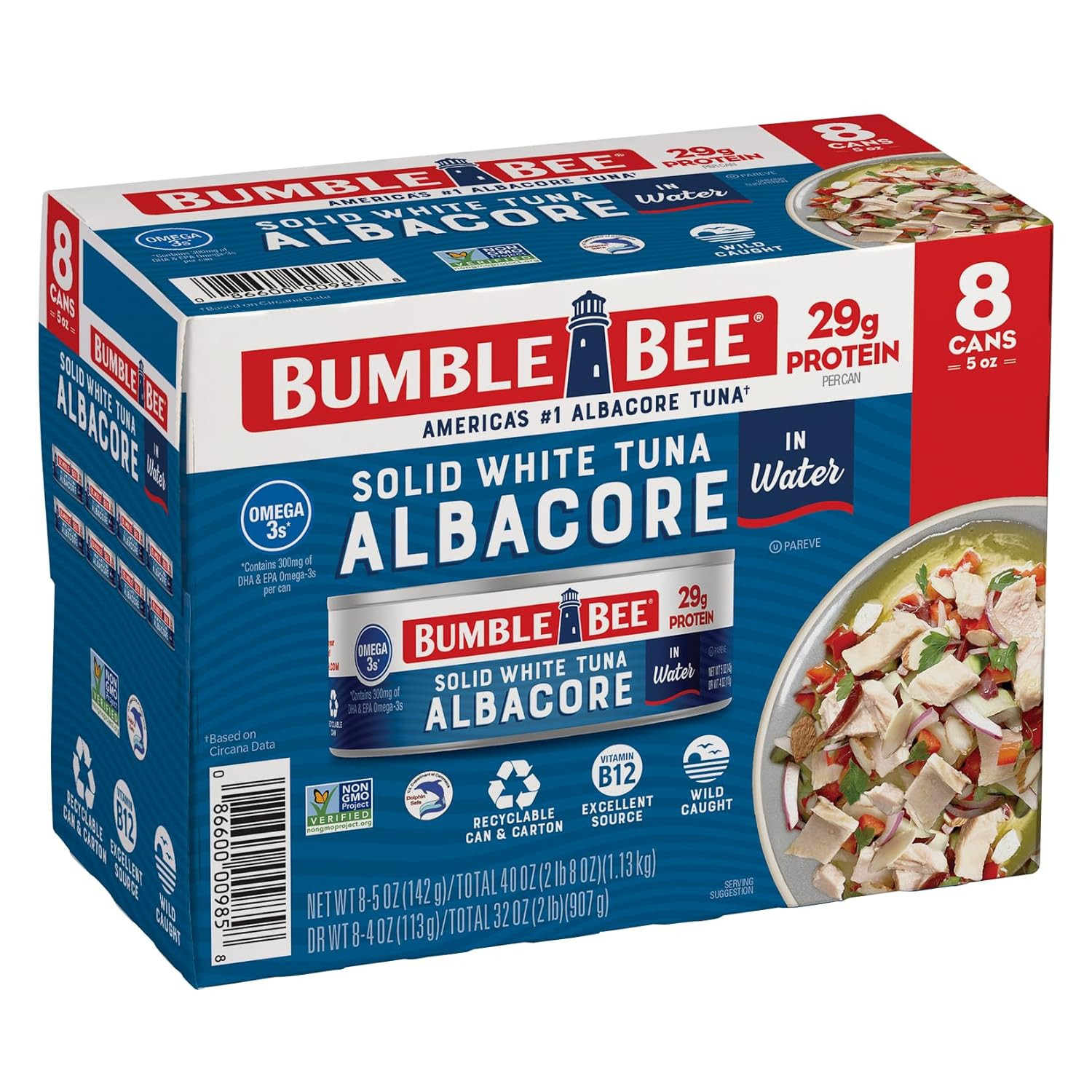 Bumble Bee Solid White Albacore Tuna in Water, 5 Oz Can (Pack of 8) - Wild Caugh