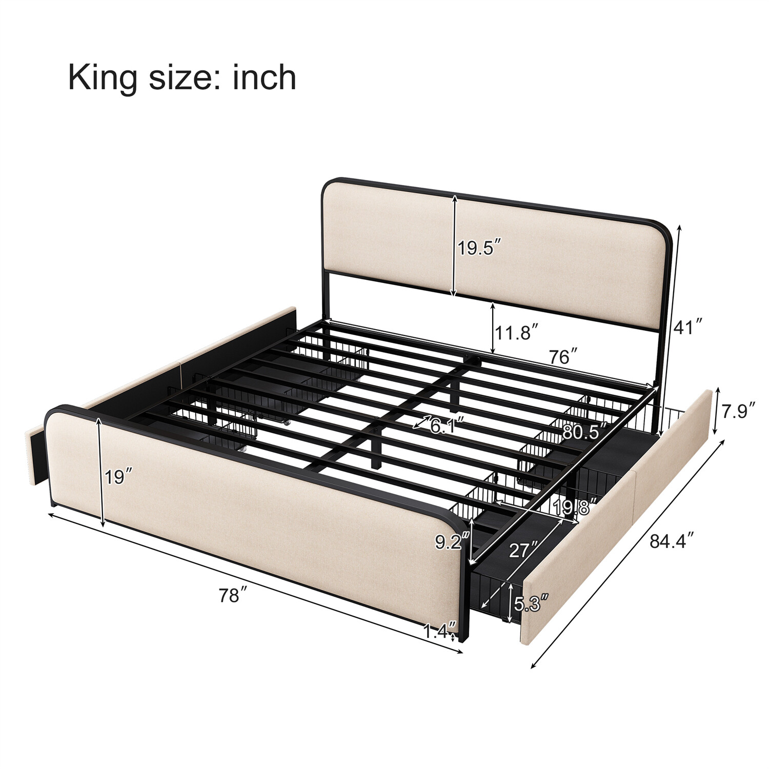 Queen/King Size Bed Frame Metal Platform Bed w/ Headboard & 4 Storage Drawer