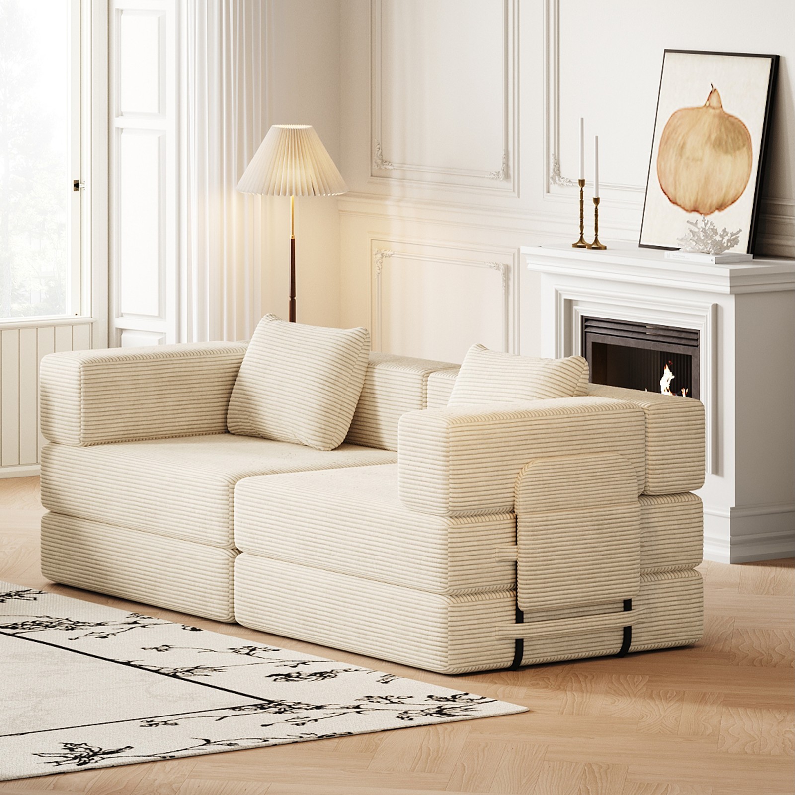72in convertible sofa bed, corduroy fabric sofa comfortable folding sofa Beige