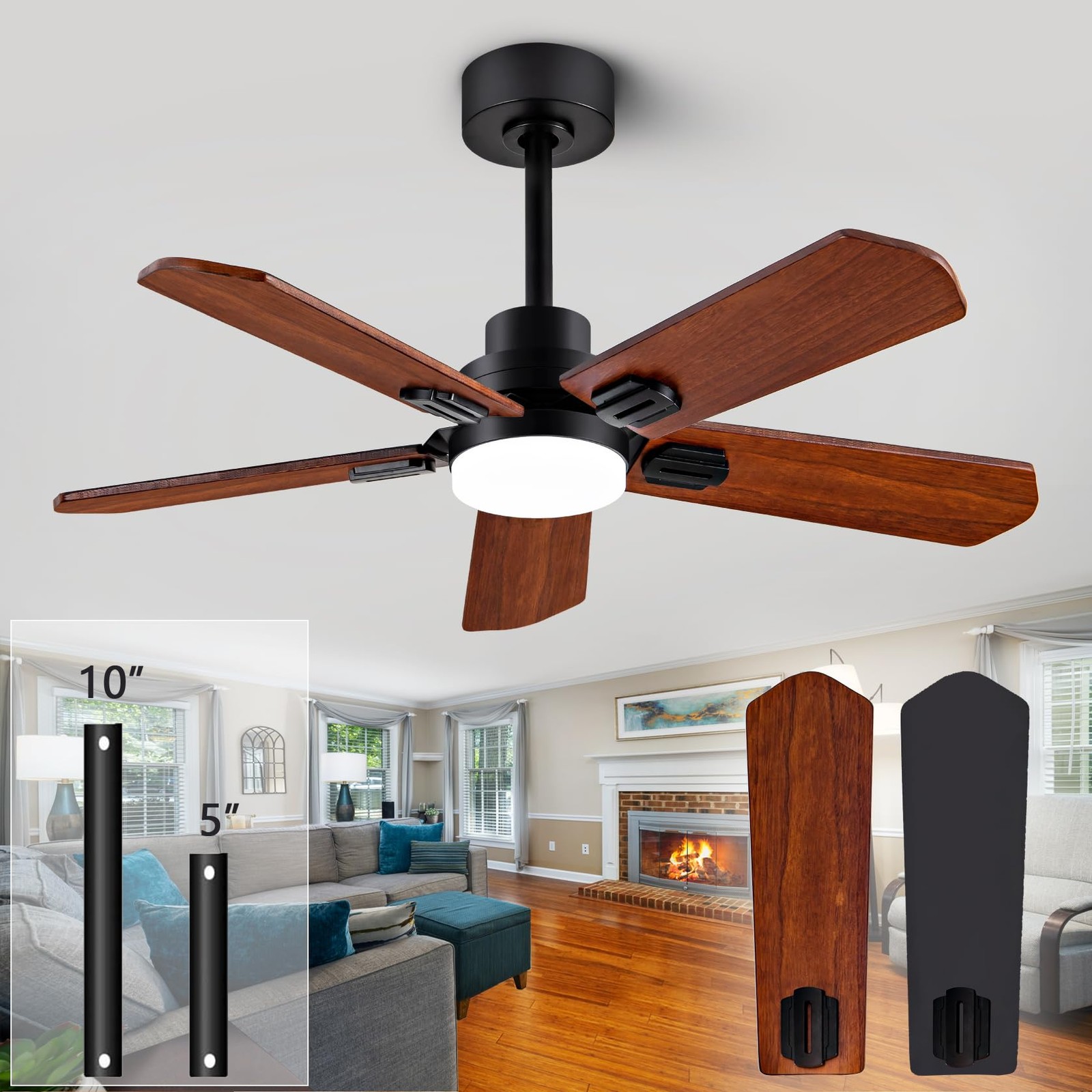 42" Wood Ceiling Fan with Light and Remote, Quiet Reversible DC Motor, 5 Blad...