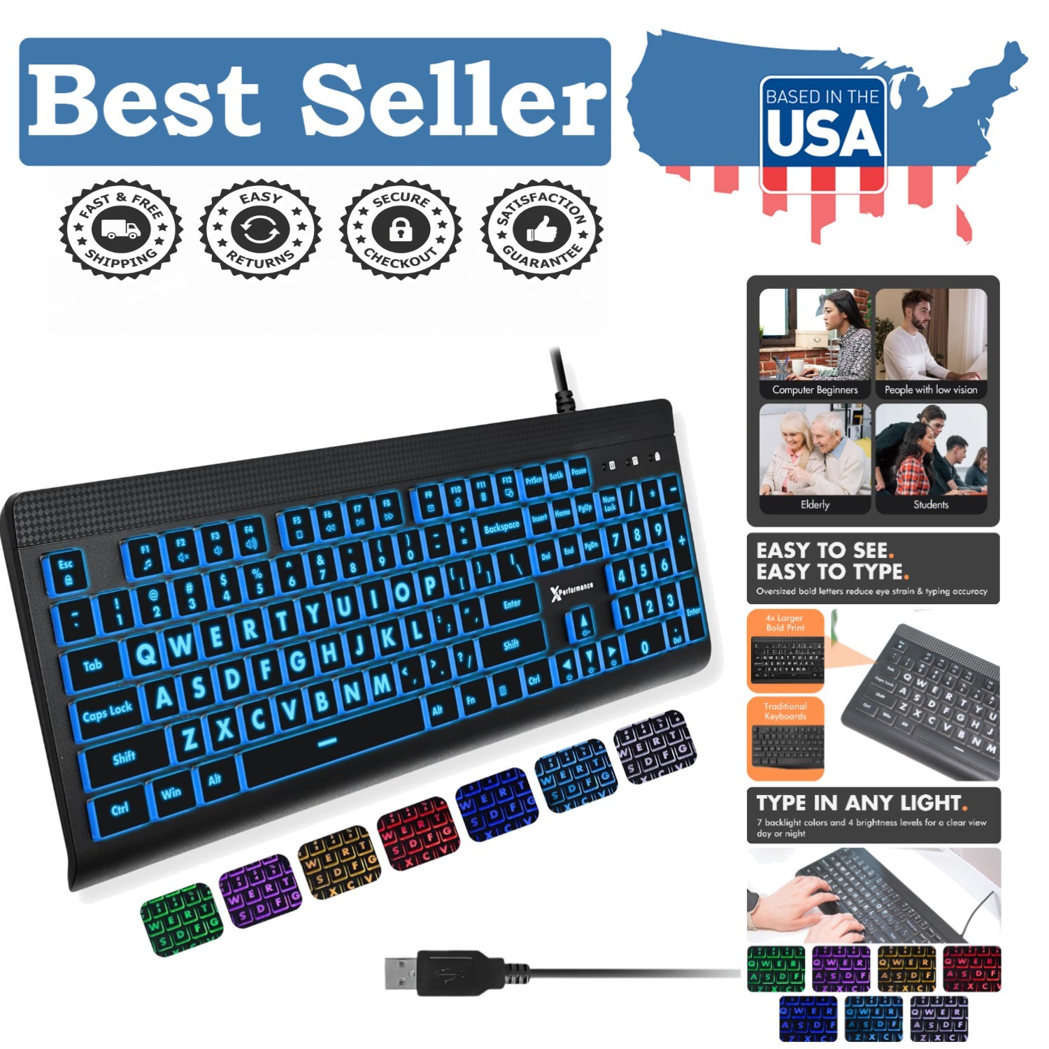 X9 Large Print Backlit Computer Keyboard - Easy to See Big Letters - Lighted USB
