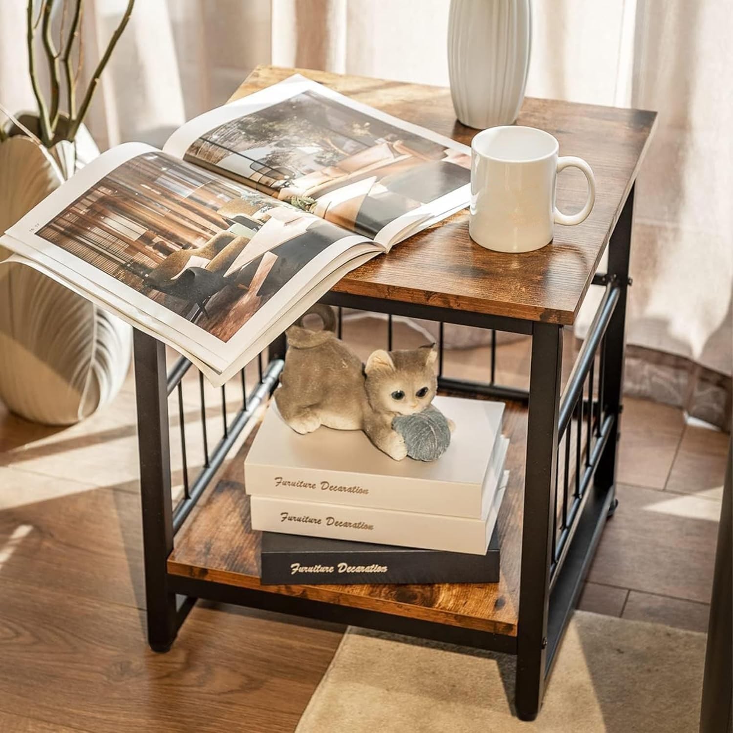 End Table Industrial Side Table W/ 2-Tire Storage Shelf Mini Fridge Stand