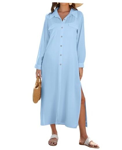 Swimsuit Cover Ups for Women Long Sleeve Shirt Cover Up Dress Medium Sky Blue
