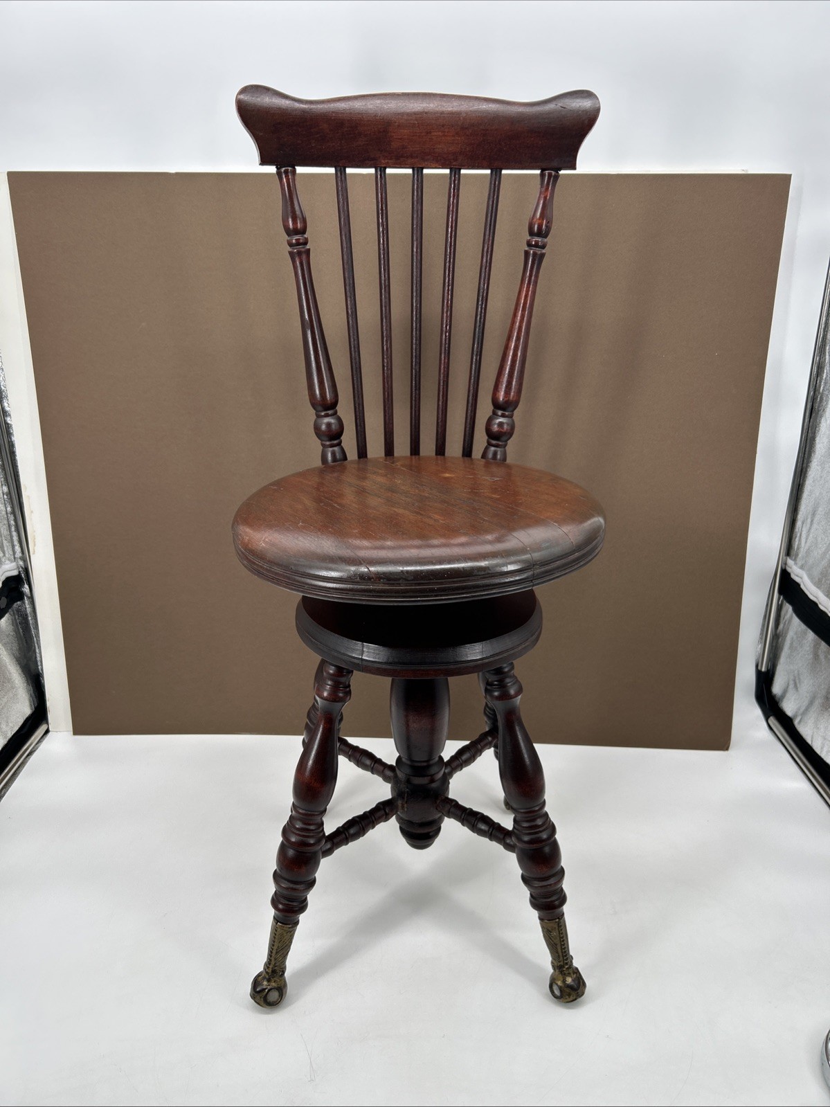 Antique Chas Parker High Back Adjustable Piano Organ Stool Glass Ball Claw Feet