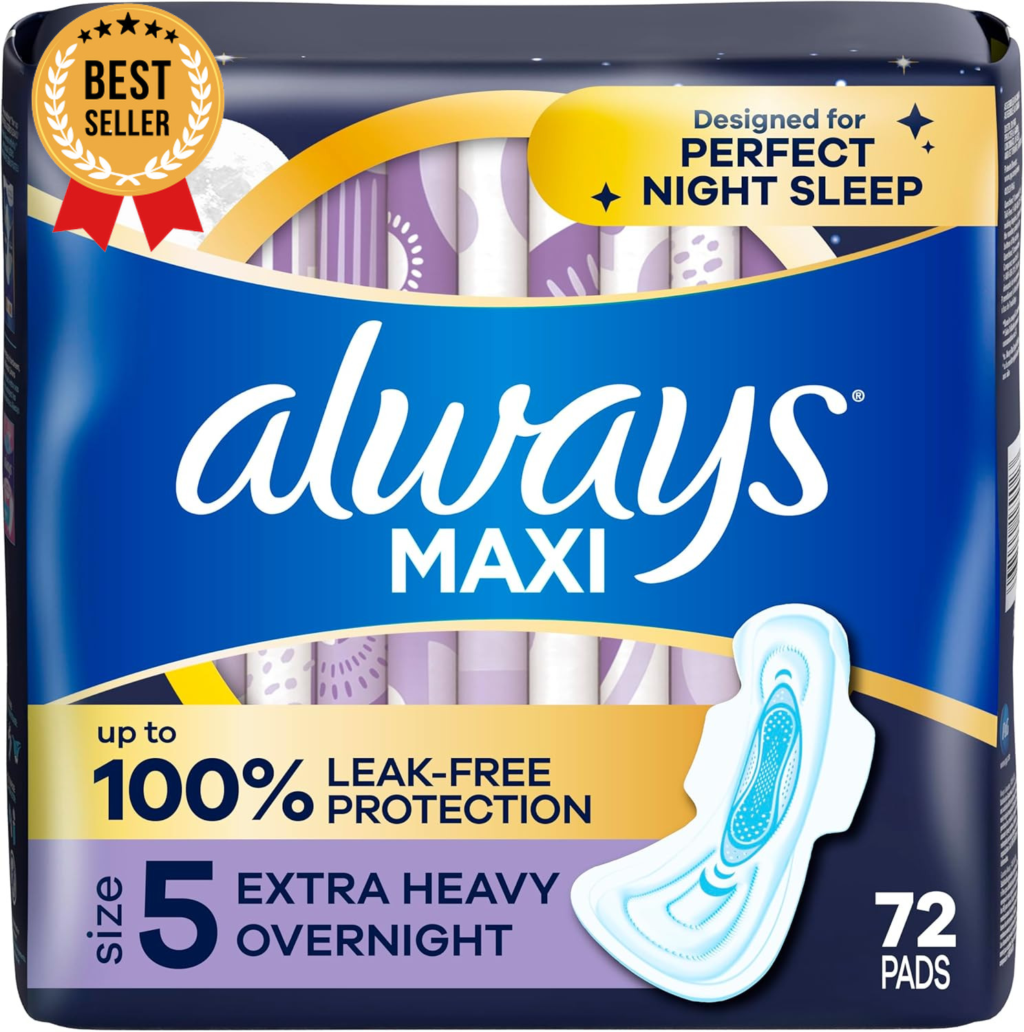 Maxi Overnight Pads with Wings Size 5 Extra Heavy Unscented 72 Count
