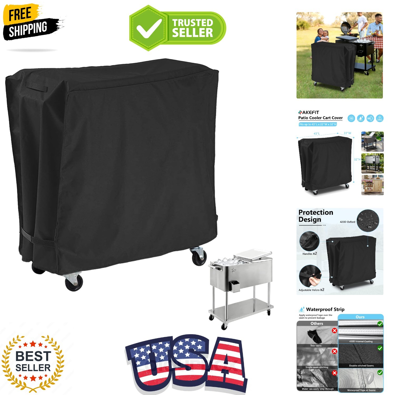 Patio Cooler Cart Cover,Waterproof Ice Chest Cart Cover Fits 65-80 Quart Pati...