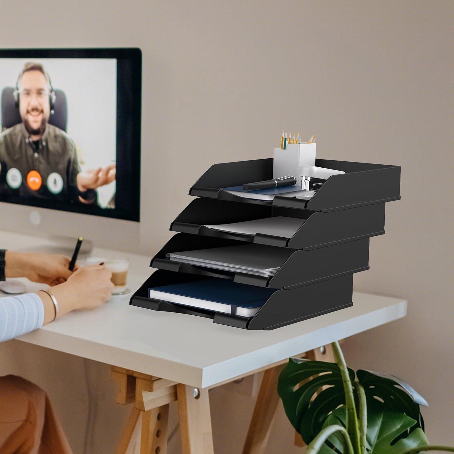 4 Pack Stackable Paper Trays for Letter Documents, Desktop File Organizers for