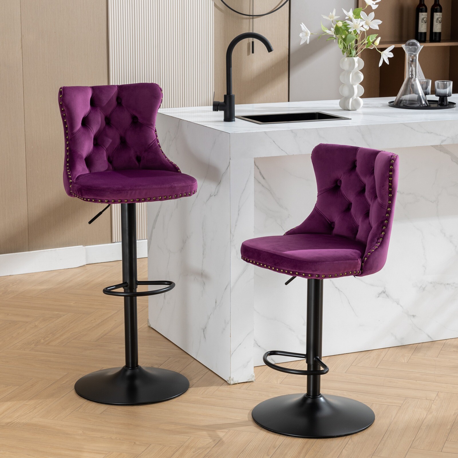 Set of 2 Swivel Velvet Upholstered Barstools 25-33" Height Pub Bar Chairs Purple