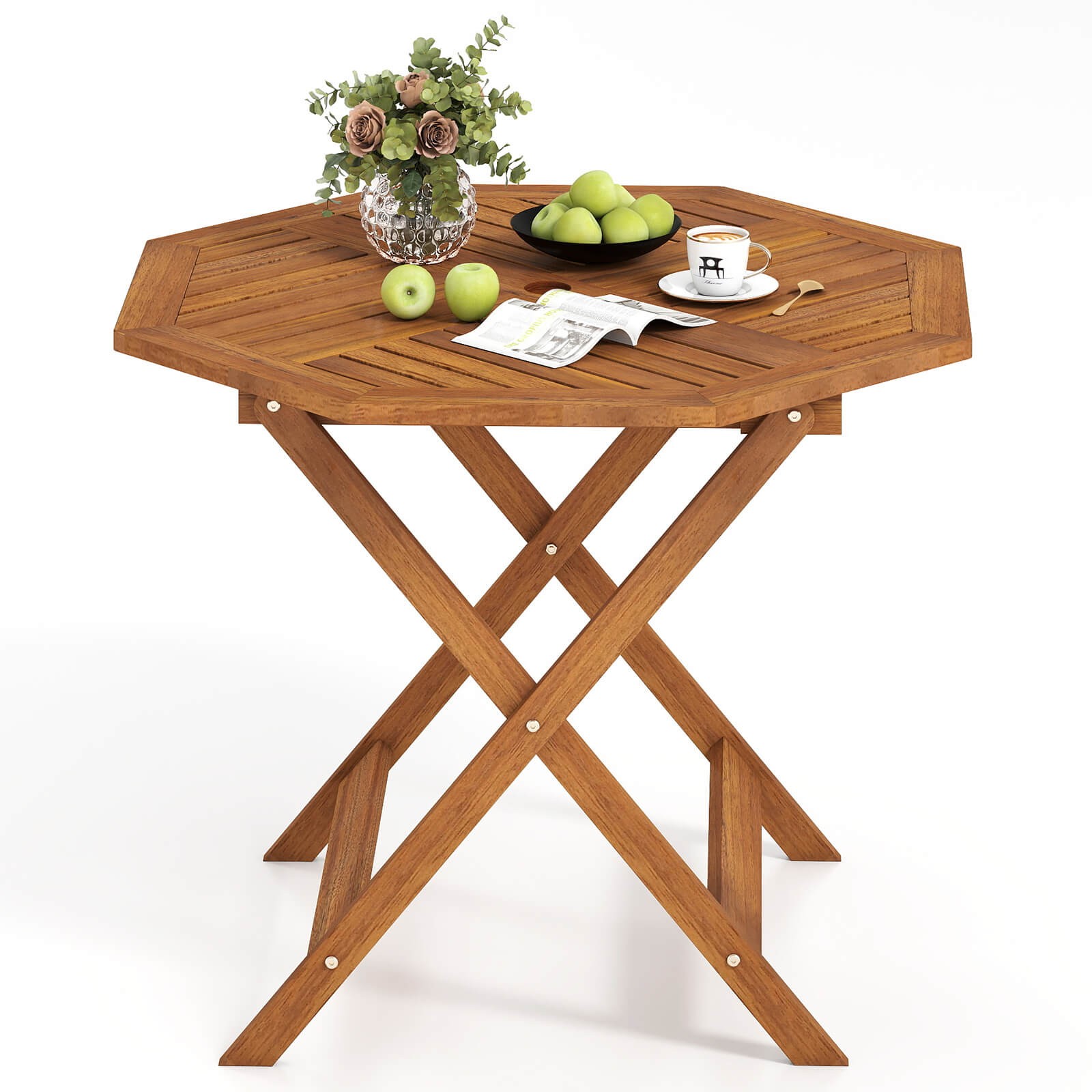 35.5” Solid Wood Patio Dining Table w/1.97” Umbrella Hole Slatted Tabletop