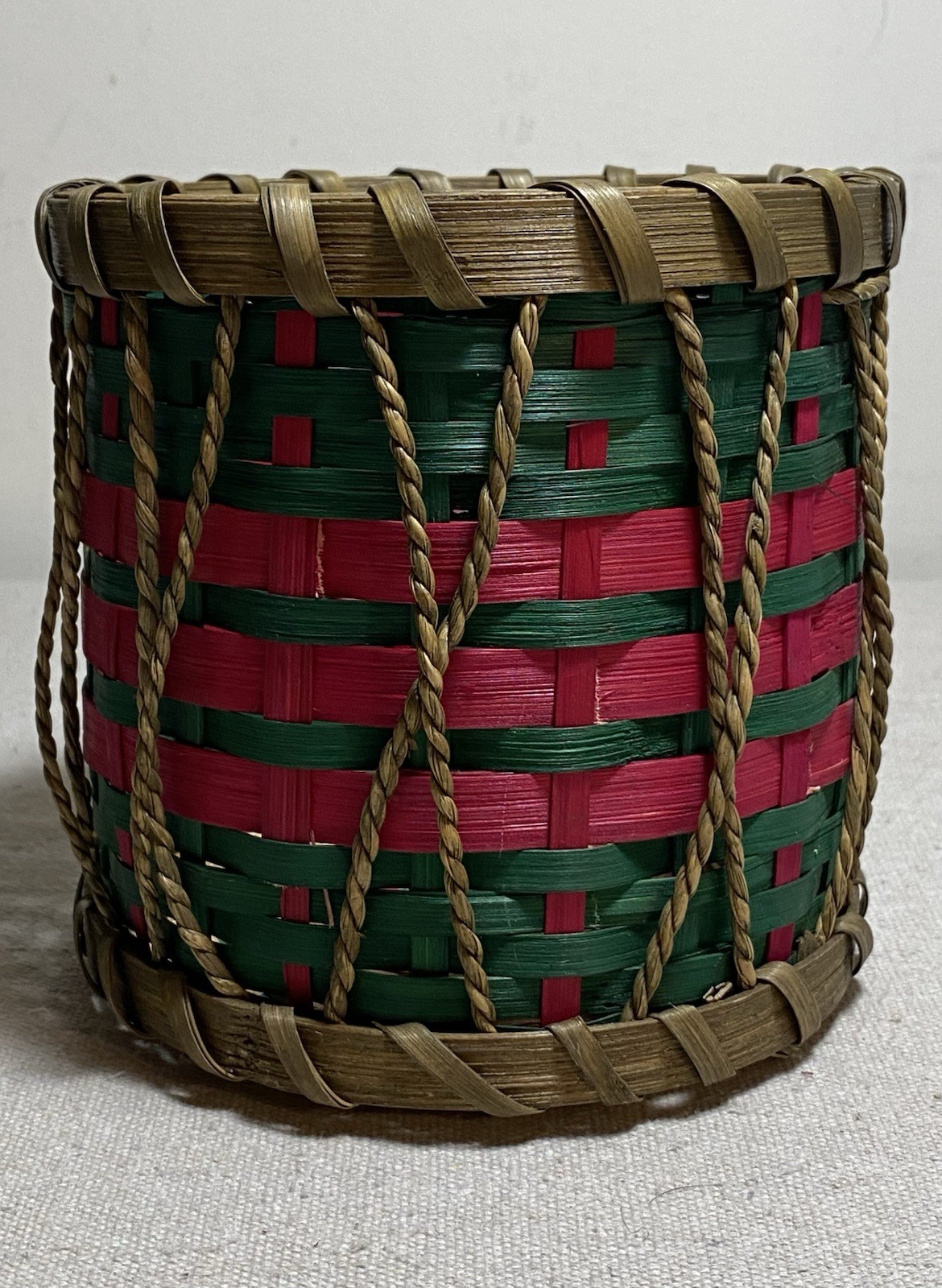 Vintage Wicker Bamboo Holiday Christmas Drum Basket Pretty Red Green Brown Color
