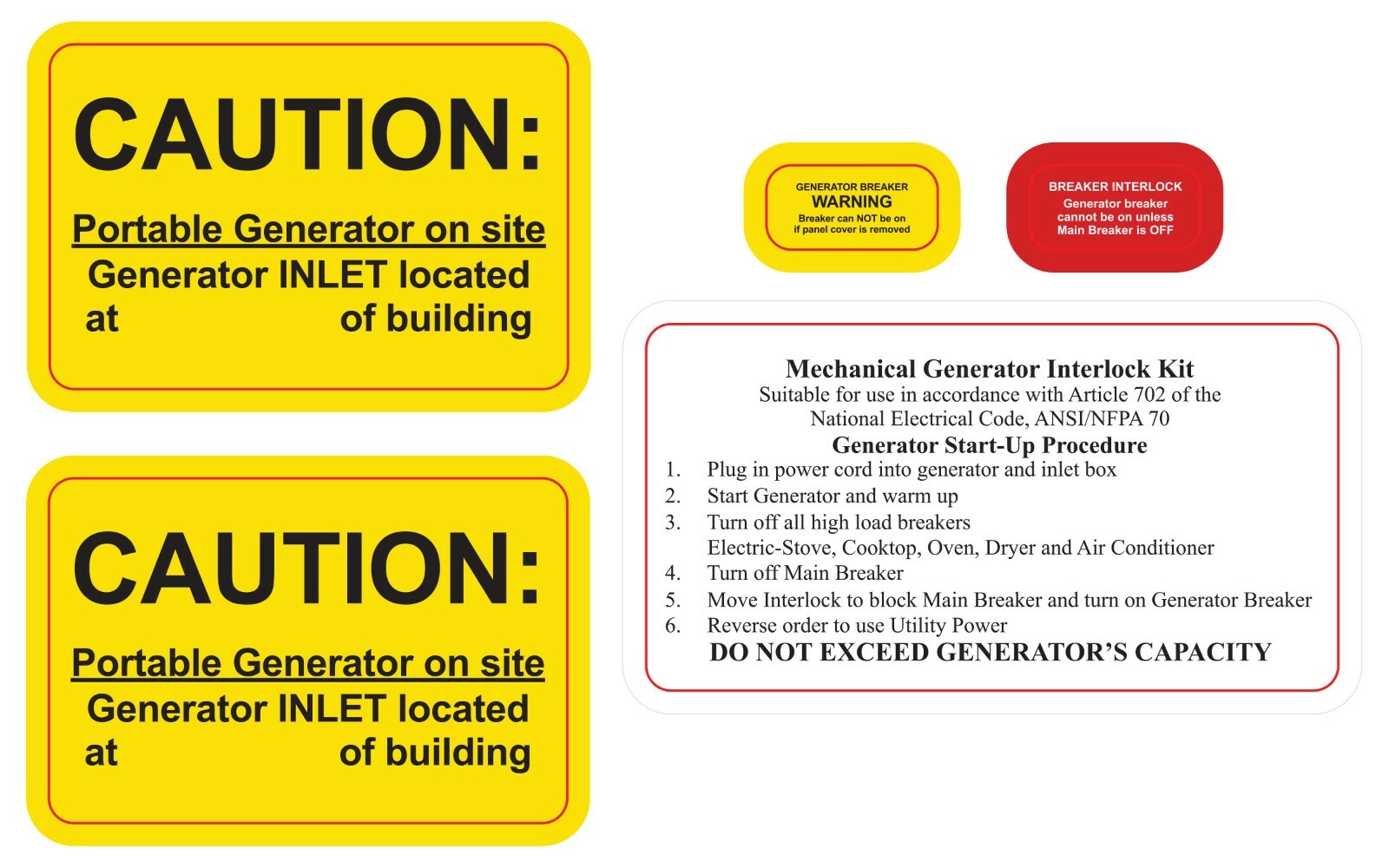Generator interlock and or Transfer Switch Caution Labels NEC Article 702.7