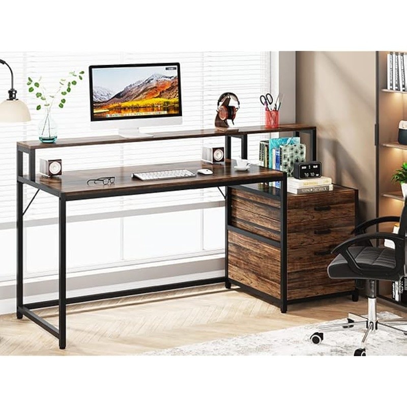Ergonomic Computer Desk W/ Storage Cabinet Two-Tier Workstation Organizer New