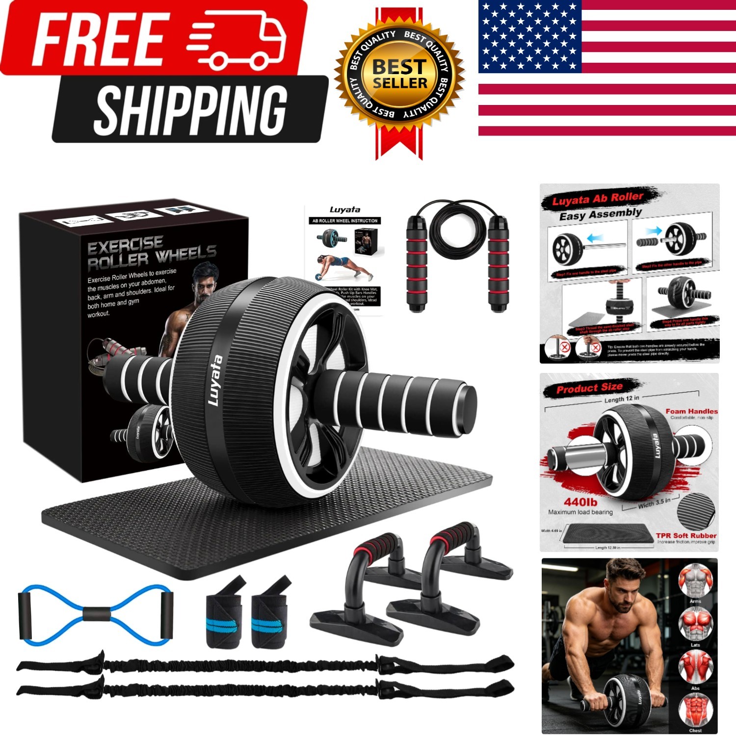 Ab Roller Wheel, 10-In-1 Ab Exercise Wheels Kit with Resistance Bands, Knee M...