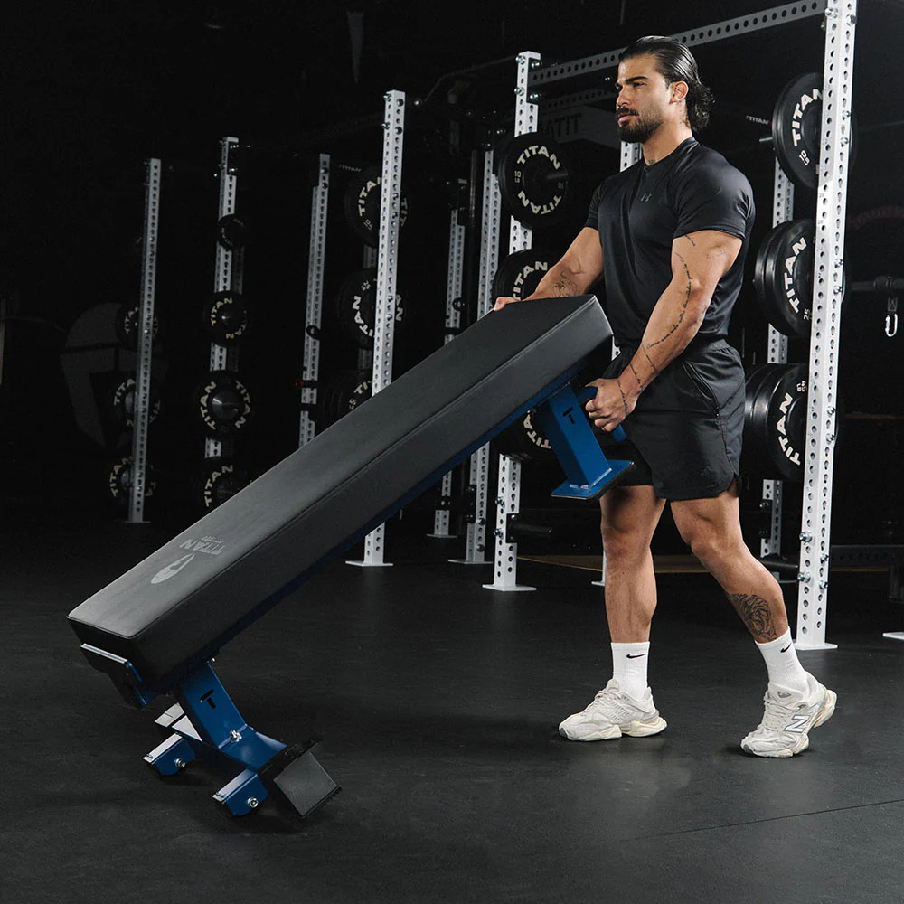 Titan Fitness TITAN Series Single Post Flat Bench, Rated 1,200 LB, Navy Finish